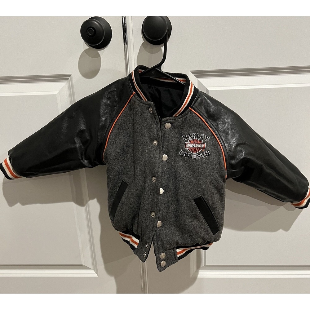 Harley-Davidson Toddler 3T Jacket Varsity Wool & Faux Leather Gray Black 2-Sided